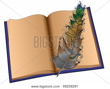 The book in a blue cover and a multi-colored feather