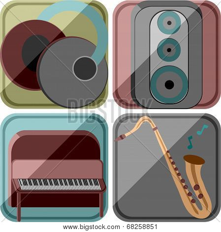 Icons in a retro style with the image of musical instruments and the equipment