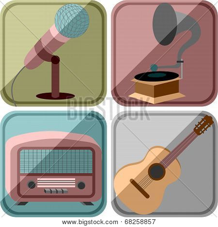Icons in a retro style with the image of musical instruments and the equipment