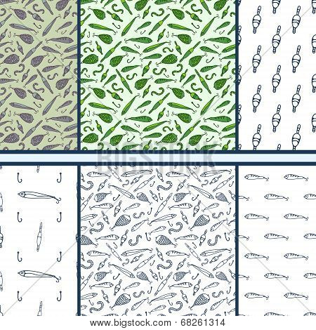 Fishing doodle - set of vector seamless patterns