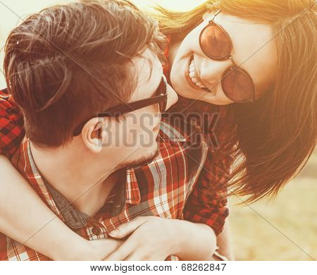 Woman Embraces A Man, With Sunlight Effect