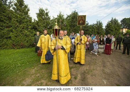 TIKHVIN, RUSSIA - JULY 9, 2014: Unidentified participants Orthodox Religious Procession on the occasion celebrations of the 10th anniversary of the return of the Tikhvin icon of the Mother of God.