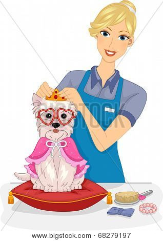Illustration of a Female Dog Salon Attendant Giving a Dog a Makeover