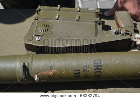 KIEV, UKRAINE - JULY 13, 2014  Captured from Eastern regions during Civil War  Polish anti airckraft rocket launcher Grom - evidence Polish supply of insurgents. July 13, 2014 Kiev, Ukraine