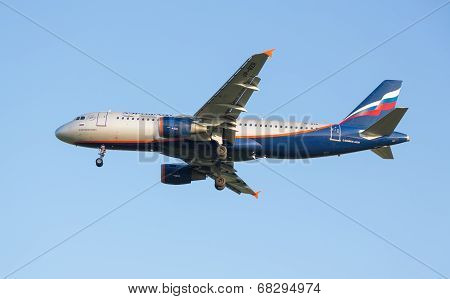 The airline Airbus A320 plane Aeroflot decreases before landing approach at the Sheremetyevo airport