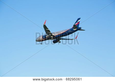 The airline Airbus A320 plane Aeroflot comes in the land at the Sheremetyevo airport