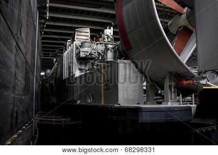 NEW YORK - MAY 22, 2014: The blades of the LCAC, air cushion landing craft, used to transport equipment and personnel, on the well deck of the USS Oak Hill (LSD 51) moored at Pier 92 for Fleet Week NY.