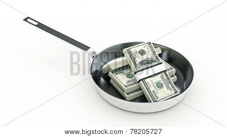 Cooking pan and full of money isolated