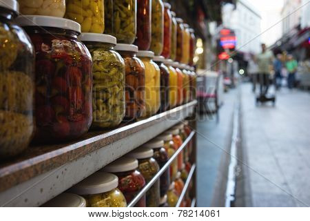 Jars With Marinated And Pickled Vegetables At The Market