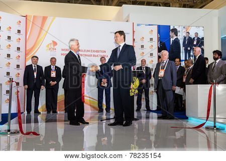 MOSCOW, RUSSIA, JUNE, 16: Renato Bertani, President of the World Petroleum Council and Alexander Novak, Russian Energy Minister. 21st WPC, June, 16, 2014 at Crocus Expo  in Moscow, Russia