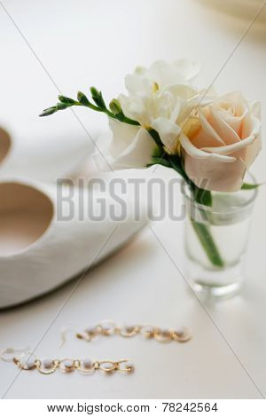 Wedding Boutonniere With Rose Flower And Earrings