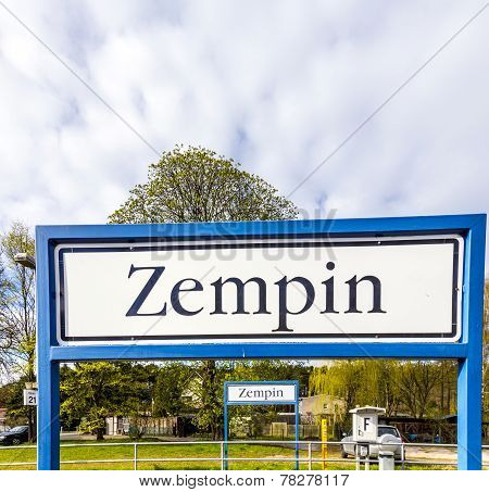 Old Road Sign Zempin At The Train Station