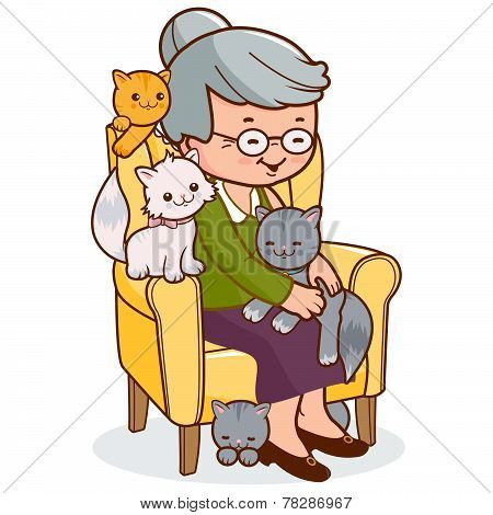 Old woman sitting in armchair with cats