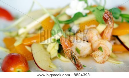 Seafood And Fruits Salad Appitizer Decorate With Flower