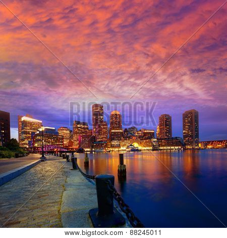 Boston sunset skyline from Fan Pier in Massachusetts USA