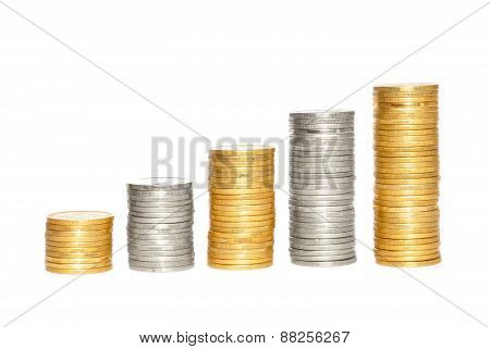 Savings, Increasing Columns Of Gold And Silvercoins Over White Background