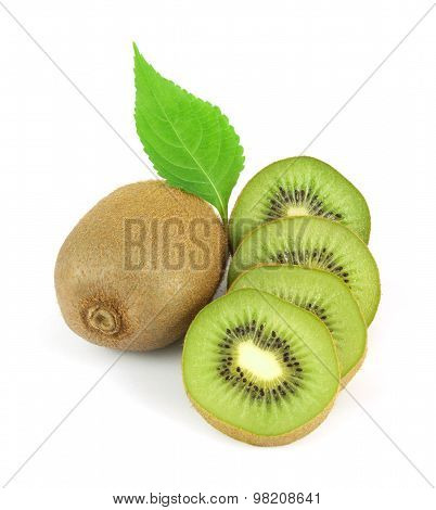 Whole kiwi fruit and its sliced segments isolated on white