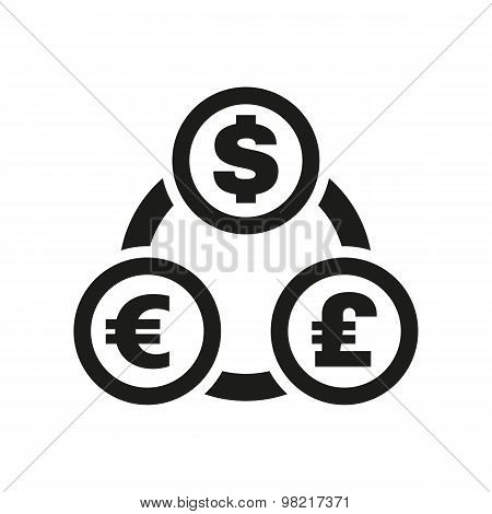 The currency exchange dollar, euro, pound sterling icon. Cash and money, wealth, payment symbol. Fla