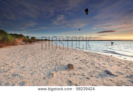 Kite Surfers At Sunset On Silver Beach, Botany Bay Australia