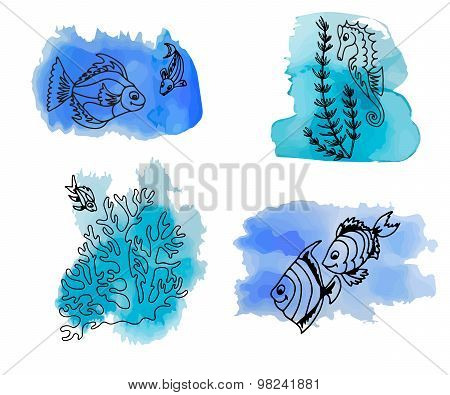 Hand Draw Set Of Different Marina Creatures