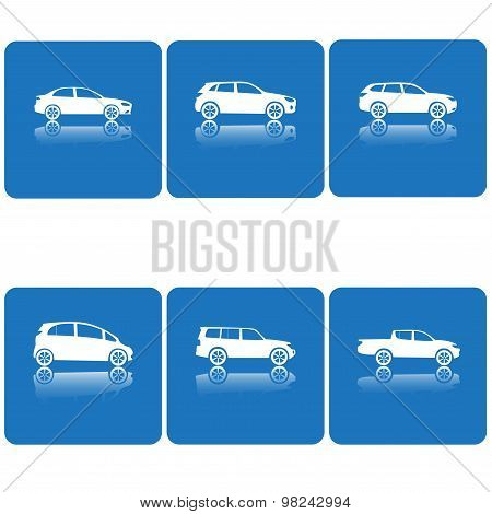 Car Icon set. Vector silhouette. White on blue.