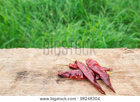 Dried Chili Peppers On Wooden With Green Grass Background