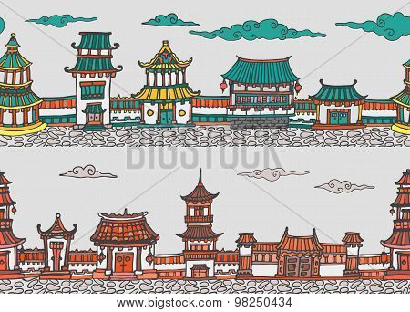 Two Vector Seamless Panorama Of Chinese Or Japanese Old Town