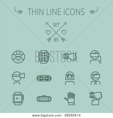 Technology thin line icon set for web and mobile. Set includes- smartwatch, virtual reality headset, wristwatch, robot hand icons. Modern minimalistic flat design. Vector dark grey icon on grey