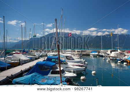 Port In Vevey At Geneva Lake In Switzerland.