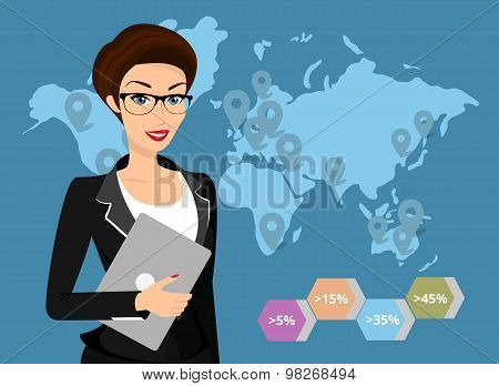 Business woman holds laptop in her hand