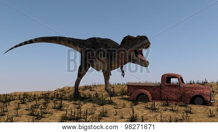 tarbosaurus attacking rusted vintage car