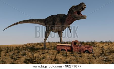 tarbosaurus attacking rusted vintage car
