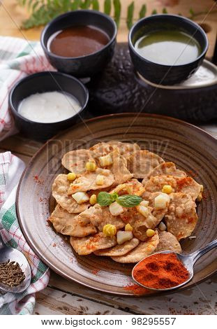 Indian Snack Papri Chaat With Sauces And Yoghurt