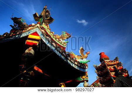 Colorful Chinese Buddhist Temple With Blue Sky In Thailand