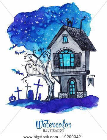 Watercolor vintage illustration. Hand painted old house at halloween's night. Spooky landscape. Horror. Ready for print, poster, fashion design, greeting card.
