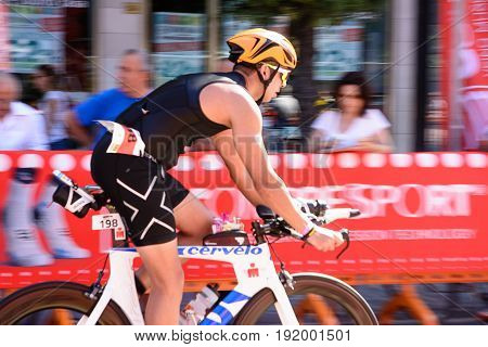 Pescara Italy - June 18 2017: Athlete starts the bicycle test at Pescara's Ironman 70.3