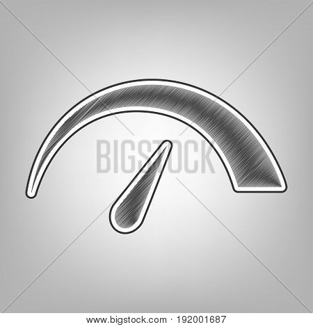 Speedometer sign illustration. Vector. Pencil sketch imitation. Dark gray scribble icon with dark gray outer contour at gray background.
