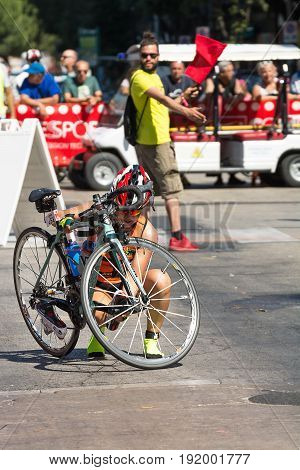 Pescara Italy - June 18 2017: Athlete starts the bicycle test at Pescara's Ironman 70.3