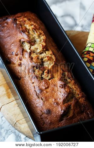 Homemade Banana cake with walnuts. Fresh baked banana walnut cake.Homemade banana bread.