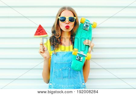 Fashion Pretty Woman With Slice Watermelon Ice Cream Skateboard On A White Background