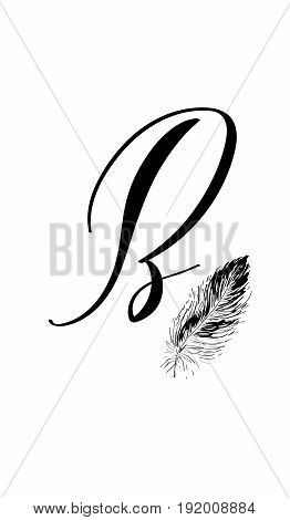Hand drawn letter B in modern calligraphy style. Boho art print with decorative feathers. Perfect for invitations, greeting cards, quotes and more.