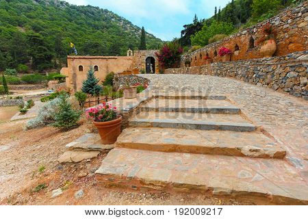 Island Crete Greece - June 27 2016: Greek orthodox Vossakos monastery or Monastery of Timios Stavros on Crete island in Greece.