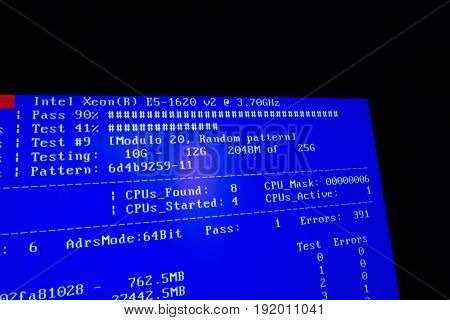 PARIS FRANCE - OCT 21 2016: Testing of RAM Random Access Memory of a Personal Computer Workstation as seen on a computer display - counting the patterns and the testing all the RAM algorithm