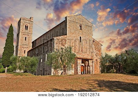 Montalcino, Tuscany, Italy: Abbey of Sant'Antimo, the medieval catholic church in the province of Siena is a former Benedictine monastery. It is one of the most important architectures of the Tuscan Romanesque.