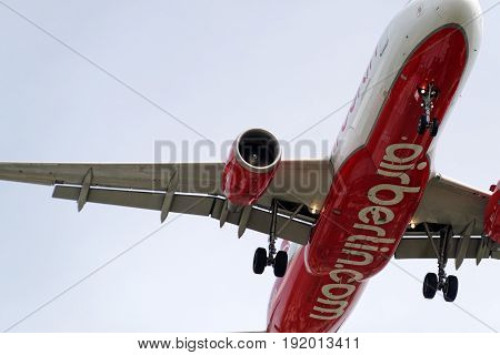 20th of June 2017 Berlin Germany: The underside of a modern airplane and its landing gear fron the airline Airberlin. Landing at the airport Berlin-Tegel