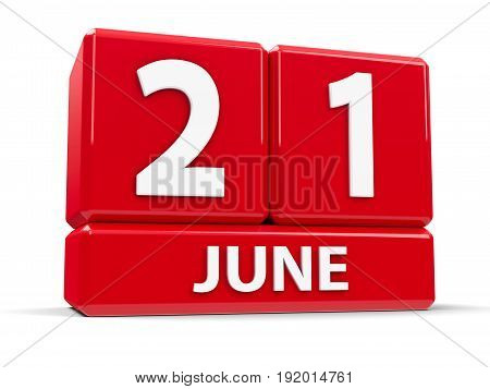 Red cubes - The Twenty First of June - on a white table - International Yoga Day Go Skateboarding Day and National Aboriginal Day in Canada three-dimensional rendering 3D illustration