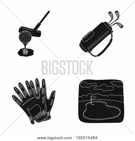 A ball with a golf club, a bag with sticks, gloves, a golf course.Golf club set collection icons in black style vector symbol stock illustration .