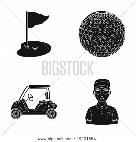Field with a hole and a flag, a golf ball, a golfer, an electric golf cart.Golf club set collection icons in black style vector symbol stock illustration .