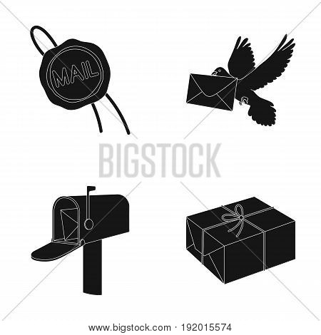 Wax seal, postal pigeon with envelope, mail box and parcel.Mail and postman set collection icons in black style vector symbol stock illustration .