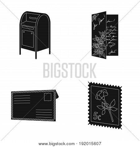 Mailbox, congratulatory card, postage stamp, envelope.Mail and postman set collection icons in black style vector symbol stock illustration .